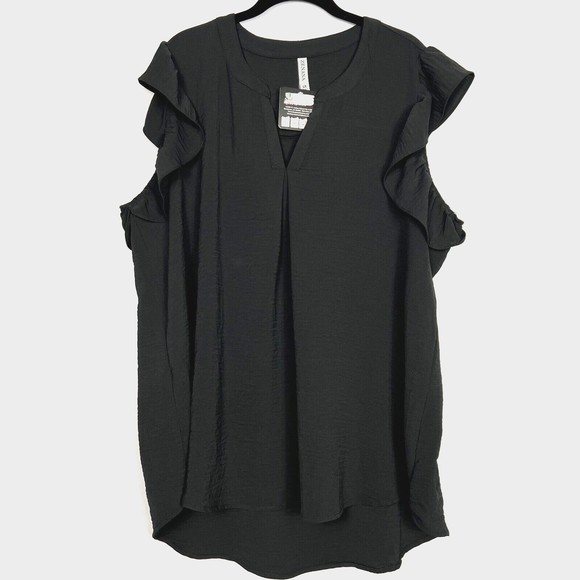 Zenana Outfitters Tops - Zenana Woven Top Womens 2X Black Notched Ruffled Sleeve High Low Pullover Tunic